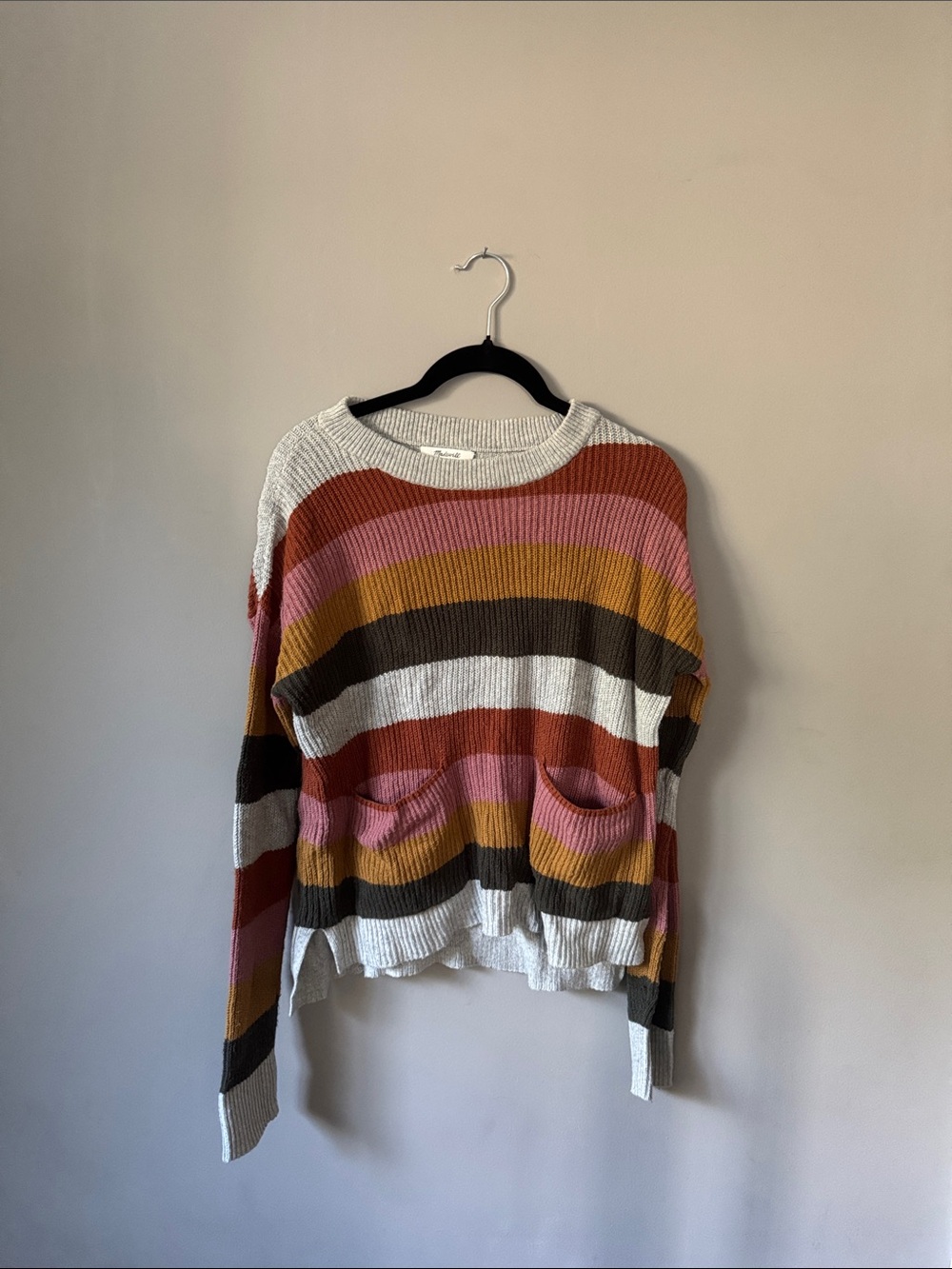 Striped Crewneck Pocket Sweater in Pink, Rust & White